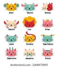 Cute funny zodiac cats collection. Cartoon twelve cats as zodiacal signs isolated on white background.