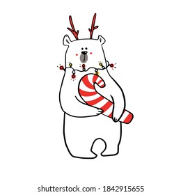 cute funy white bear in christmas outfit with christmas candy. 