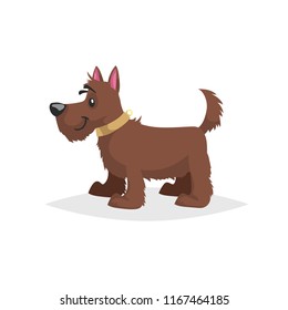 Cute fur cartoon brown dog stand. Pet animal. Flat with simple gradient illustration. Farm animal. Vector drawing isolated on white background.