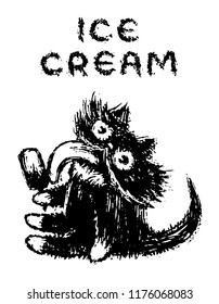Cute fur cat eats ice cream on a stick. Funny cartoon pet. Vector illustration.