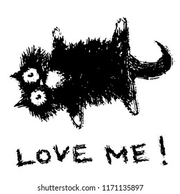 Cute fur cat lies on its back and says love me. Funny cartoon pet. Vector illustration.