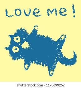 Cute fur cat lies on its back and says love me. Yellow background color. Vector illustration.