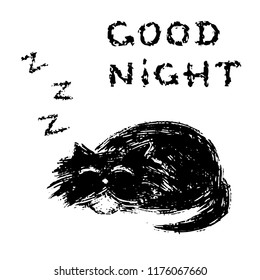 Cute fur cat sleeps and snores. Good night. Funny cartoon pet. Vector illustration.