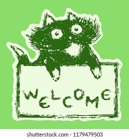 Cute fur cat with tablet welcome. Vector illustration. Green color background.