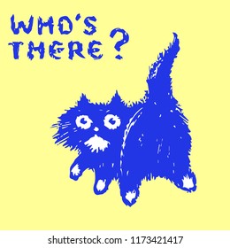 Cute fur cat turned and looked. Who is there? Yellow background color. Vector illustration.