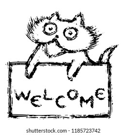 Cute fur friendly cat with tablet welcome. Funny cartoon pet. Vector illustration.