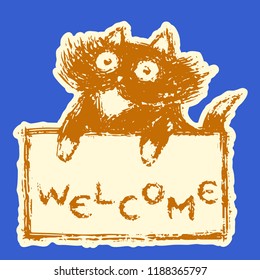 Cute fur friendly cat with tablet welcome. Blue background color. Vector illustration.