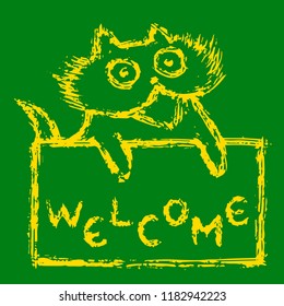 Cute fur friendly cat with welcome. Funny cartoon pet. Vector illustration. Green color background.