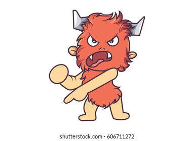 Cute Fur Monster Angry. Vector illustration. Isolated on white background. 