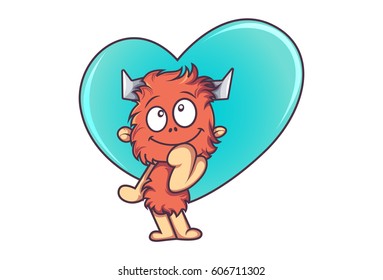 Cute Fur Monster in love. Vector illustration. Isolated on white background.