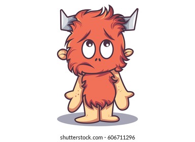 Cute Fur Monster Sad. Vector illustration. Isolated on white background.