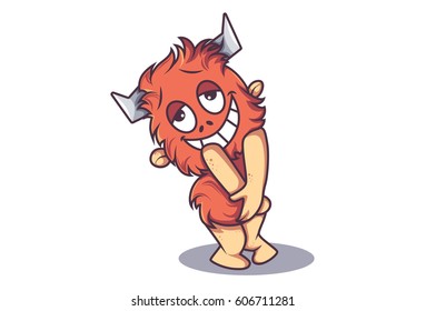 Cute Fur Monster Smiling. Vector illustration. Isolated on white background.