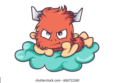 Cute Fur Monster Thinking. Vector illustration. Isolated on white background.