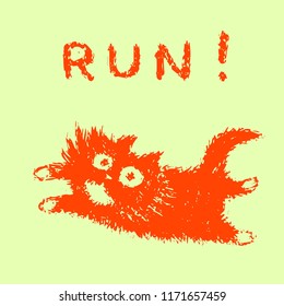 Cute fur running cat. Green color background. Vector illustration.