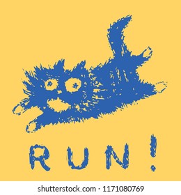 Cute fur running cat. Orange color background. Vector illustration.