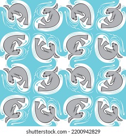 Cute fur seal animal seamless pattern. Gray Swimming sea lion in the water. Hand drawn vector illustration. isolated on blue background. Design for wrapping paper, wallpaper, texture for fabric.