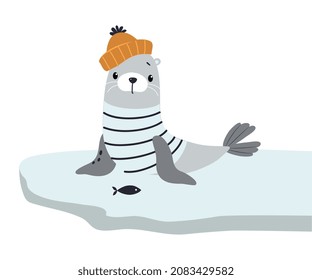 Cute Fur Seal as Arctic Animal in Knitted Hat Sitting on Glacier Vector Illustration