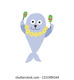 Cute fur seal dances Hawaiian dance . Element for the design of the poster in the nursery, greeting card, postcard. Vector illustration