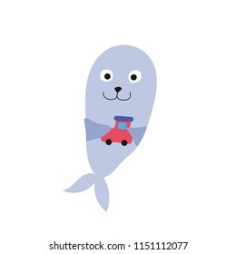 Cute fur seal plays with a train. Element for the design of the poster in the nursery, greeting card, postcard. Vector illustration