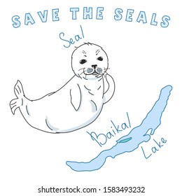 cute fur seal, save the seals slogan, baby nerpa on baikal lake background, animal extinction problem, Red List, editable vector illustration for banner, poster