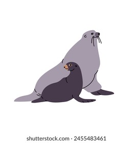 Cute fur seals, mother and baby relax together. Adorable sea lions of north ocean. Antarctic marine mammals, polar wildlife. Pinniped animal with its pup. Flat isolated vector illustration on white