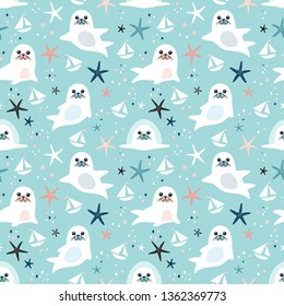 Cute fur seals seamless pattern. Vector illustration in cartoon style