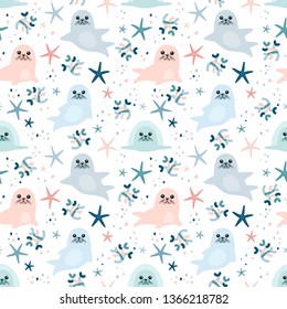 Cute fur seals seamless pattern. Vector illustration in cartoon style
