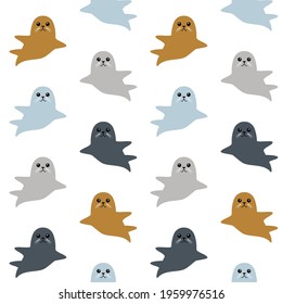 Cute fur seals seamless pattern. Vector illustration in cartoon style
