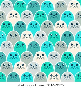 Cute fur seals seamless pattern. Vector illustration in cartoon style.