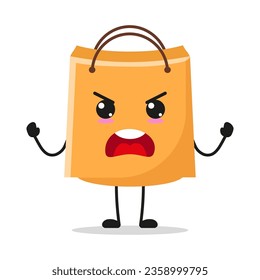 Cute furious shopping bag character. Temperament paper bag cartoon emoticon in flat style. bag emoji vector illustration