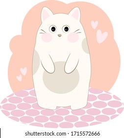 Cute furry animal. Vector white cat with pink hearts