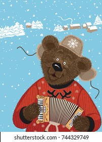 Cute furry bear in a russian winter shapka playing on accordion