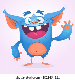 Cute furry blue monster. Vector bigfoot or troll character mascot. Design for children book, holiday decoration, stickers or print