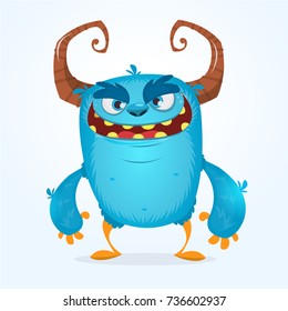 Cute furry blue monster. Vector bigfoot or troll character mascot. Design for children book, holiday decoration, stickers or print