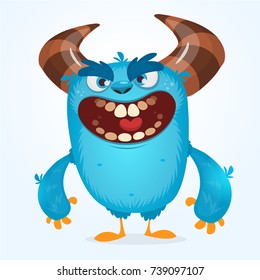 Cute furry blue monster. Vector bigfoot or troll character mascot. Design for children book, holiday decoration, stickers or print