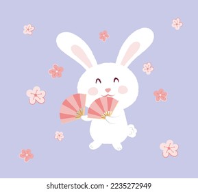 Cute furry bunny dancing with asia style fan. Background with plum cherry flower around. paint rough flat illustration vector.