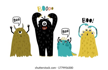 Curiosas criaturas peludas. Monstruos graciosos de caricatura, personajes de humor para mascota, ilustración vectorial de pequeños símbolos peludos de horror aislados en fondo blanco