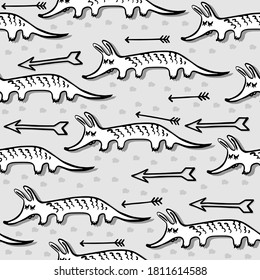Cute furry fox like monsters with arrows vector doodle black and white children seamless pattern on light gray background.