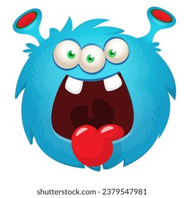 Cute furry horned monster showing tongue. Monster face funny expression. Vector illustration