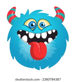 Cute furry horned monster showing tongue. Monster face funny expression. Vector illustration