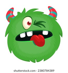 Cute furry horned monster showing tongue. Monster face funny expression. Vector illustration