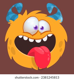 Cute furry horned monster showing tongue. Monster face funny expression. Vector illustration