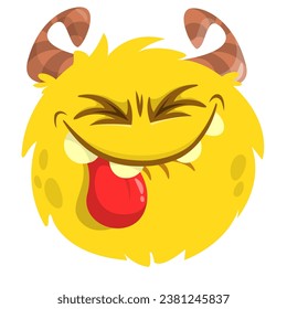 Cute furry horned monster showing tongue. Monster face funny expression. Vector illustration