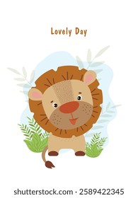 Cute furry lion cub in savanna. Flat style vector illustration for birthday invitation, cards and stickers.