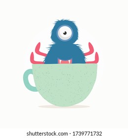 Cute furry monster in a cup. Vector illustration art.