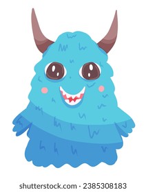 Cute furry monster with horns in blue color. Vector cartoon illustration