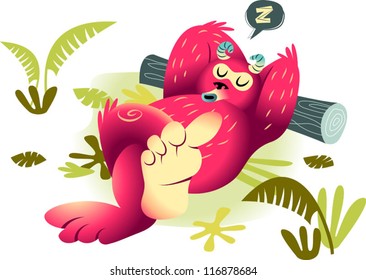 A cute furry monster taking a nap on the forest floor