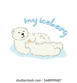cute furry polar bear with iceberg ice cream, cartoon wild animal from Red List, extinction problem, editable vector illustration for decoration, book, banner, poster, print