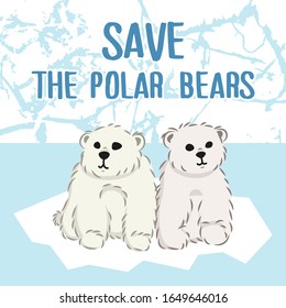 cute furry polar bears on arctic background, cartoon wild animals from Red List, extinction problem, editable vector illustration for decoration, book, banner, poster, print