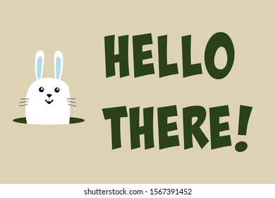 Cute furry rabbit peeking in hole, happy cheerful poster with text "Hello There!". Funny bunny for happy Easter celebration, flat cartoon character design. 